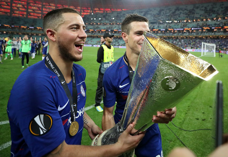 Eden Hazard lifts the Europa League trophy during his time with the Premier League club Chelsea