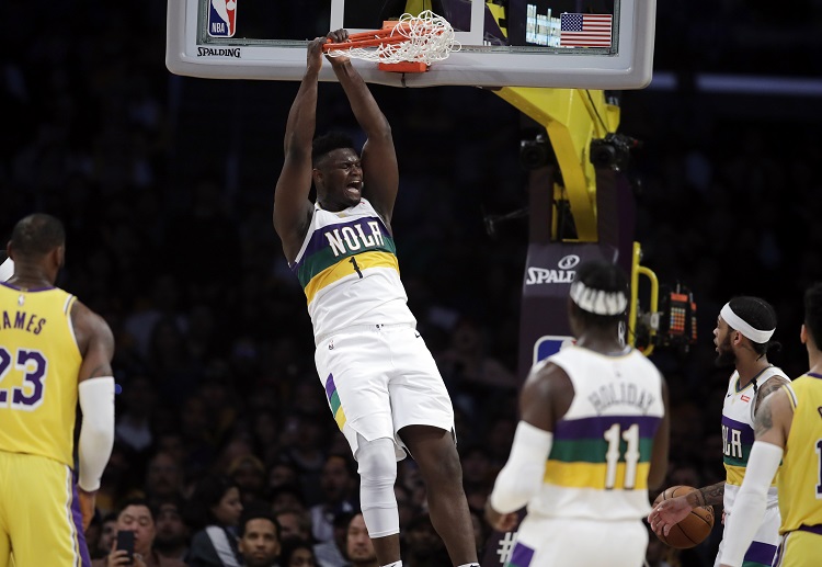 New Orleans Pelicans' Zion Williamson dunks the ball during the NBA match against the Lakers
