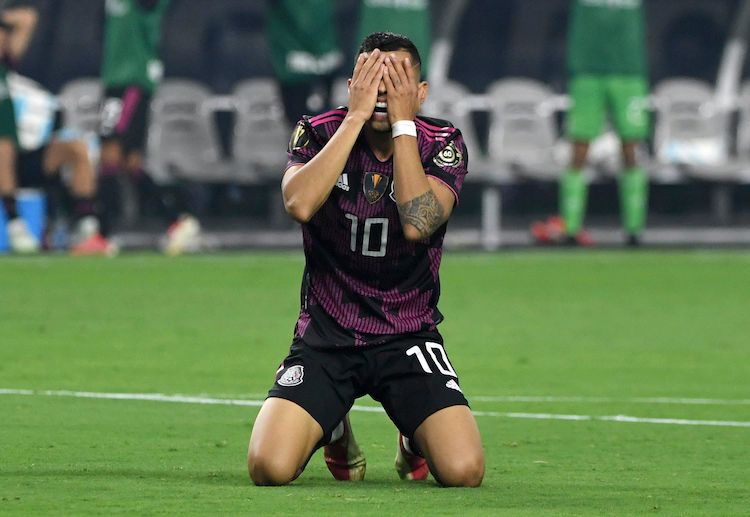 Mexico's Orbelin Pineda is disappointed after missing the goal during 2021 CONCACAF Gold Cup final against USA