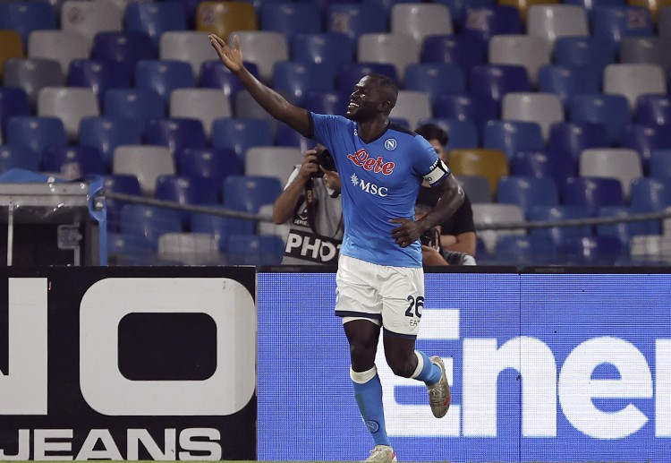 Napoli's Kalidou Koulibaly aims to score against Leicester City as they battle in the Europa League