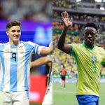 아르헨티나의 훌리안 알바레즈와 브라질의 비니시우스 주니오르는 월드컵 2026 예선 경기를 준비하고 있다.