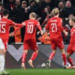 欧国联 丹麦锋线新星霍伊伦德攻入全场唯一进球，随后模仿C罗的经典动作进行庆祝。