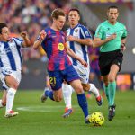 西甲联赛 第32分钟，德容破门得分，为巴塞罗那扩大领先优势